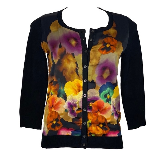 MEXX METROPOLITAN Floral Black Art To Wear Viscose 3/4 Sleeves Cardigan XS EUC - Picture 2 of 16